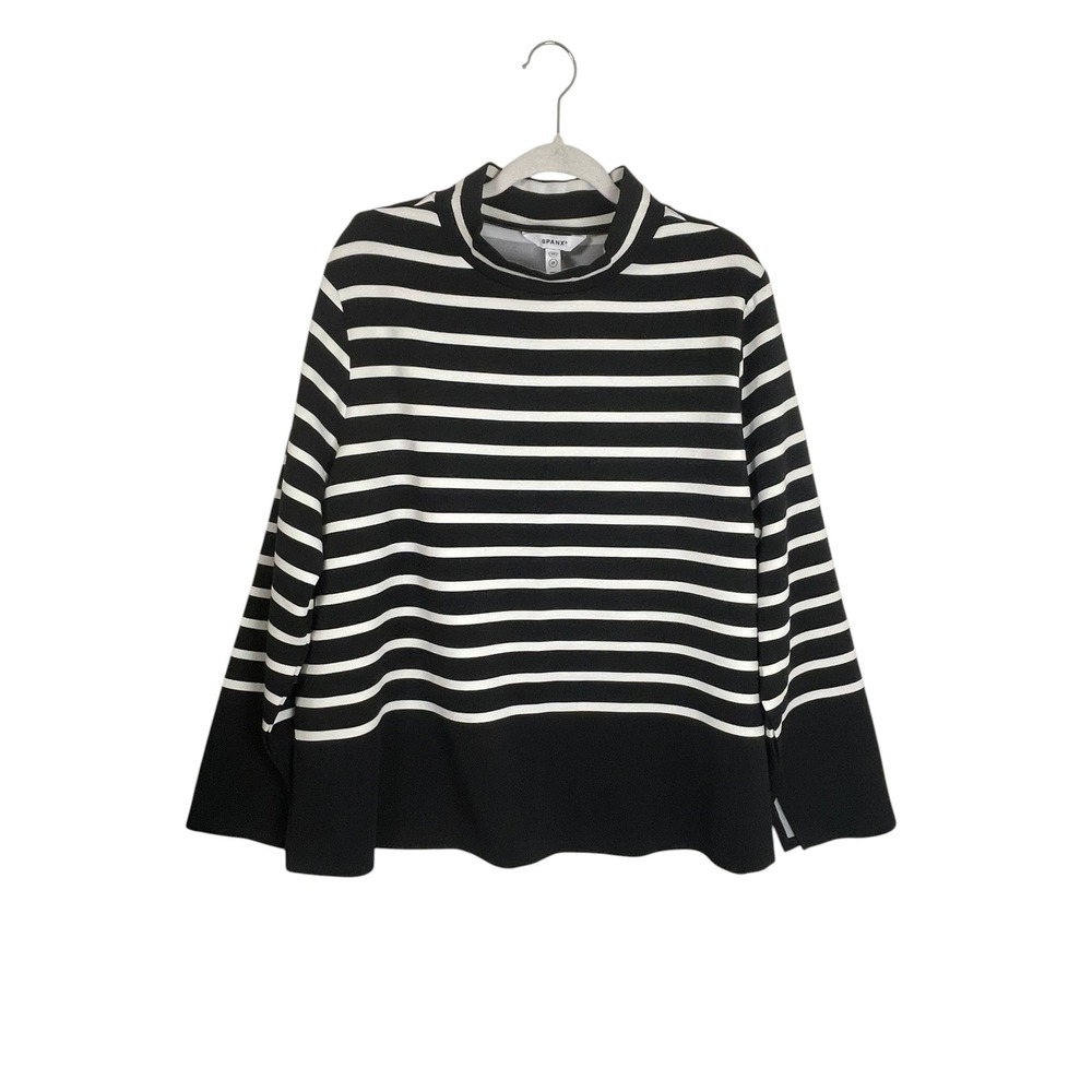 Spanx AirEssentials Mock Neck Top 3X Black White Striped Long Sleeve Slit Cuff
